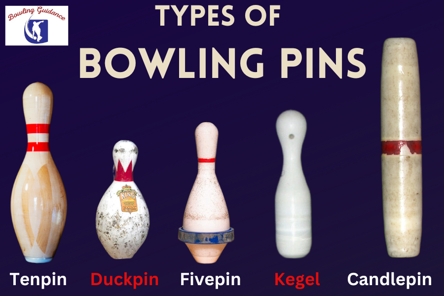 Types of Bowling Pins Infographic.   From left to right: Tenpin, Duckpin, Fivepin, Kegel, Candlepin